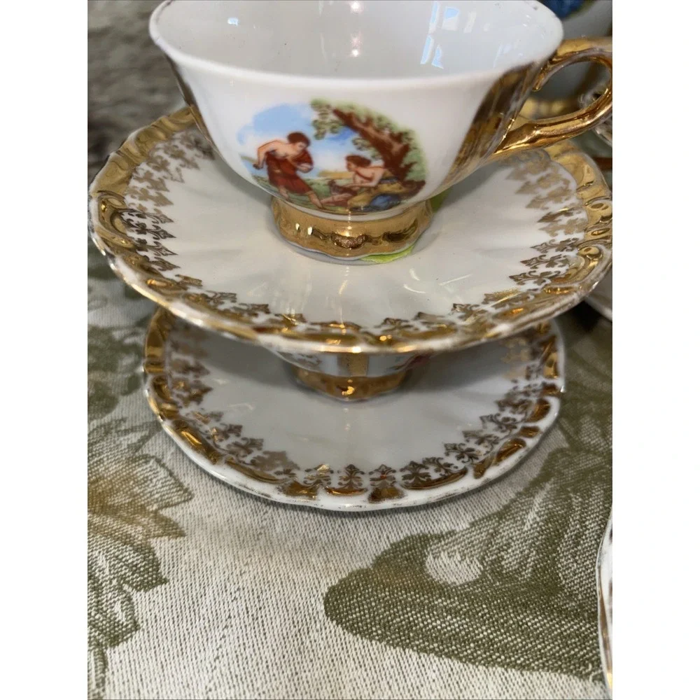 Gold Plate Bavarian Germany Courting Couple Tea Set‎ Service For Seven 3657